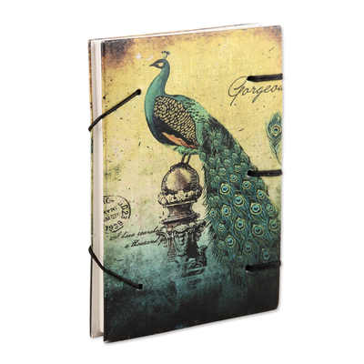 Handmade paper journal, 'New Heights' - Hardcover Paper Journal with Peacock Motif