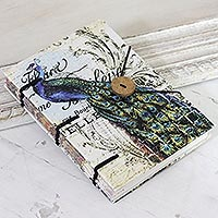 Handmade paper journal, 'Quill and Ink' - Handmade Paper Journal with Peacock Motif
