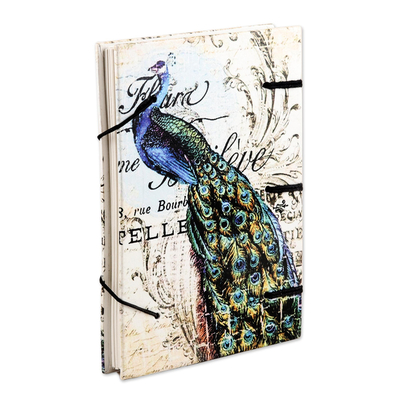 Handmade paper journal, 'Quill and Ink' - Handmade Paper Journal with Peacock Motif