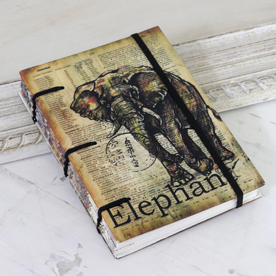 Handmade paper journal, 'Great Minds' - Cotton Bound Paper Journal with Elephant Motif