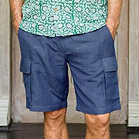 Mens linen-blend cargo shorts, Spring Cool in Navy
