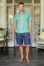 Men's linen-blend cargo shorts, 'Spring Cool in Navy' - Men's Navy Linen-Blend Cargo Shorts