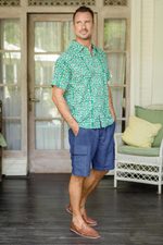 Men's linen-blend cargo shorts, 'Spring Cool in Navy' - Men's Navy Linen-Blend Cargo Shorts
