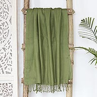 Wool shawl, 'Olive Wrap' - Olive Green Handwoven Rectangular Shawl from India
