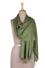 Wool shawl, 'Olive Wrap' - Olive Green Handwoven Rectangular Shawl from India