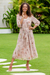 Chiffon a-line dress, 'Romantic Revival in Pale Peach' - Floral-Printed Chiffon Dress with Golden Lurex (image 2c) thumbail
