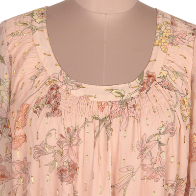 Chiffon a-line dress, 'Romantic Revival in Pale Peach' - Floral-Printed Chiffon Dress with Golden Lurex