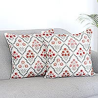 Embroidered cotton cushion covers, 'Tufted Buds' (pair)