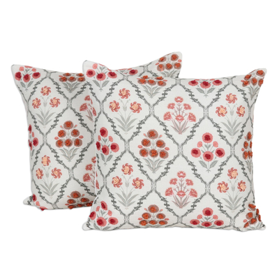 Embroidered cotton cushion covers, 'Tufted Buds' (pair) - Printed Cotton Cushion Covers with Tufted Embroidery (Pair)