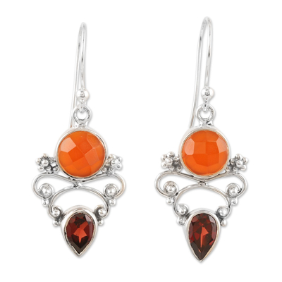 Carnelian and garnet dangle earrings, 'Eternal Sun' - Indian Carnelian and Garnet Dangle Earrings