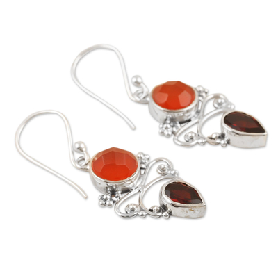 Carnelian and garnet dangle earrings, 'Eternal Sun' - Indian Carnelian and Garnet Dangle Earrings