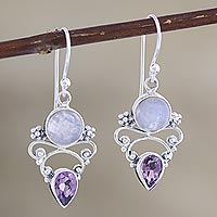 Amethyst and rainbow moonstone dangle earrings, 'Mystic Tide'