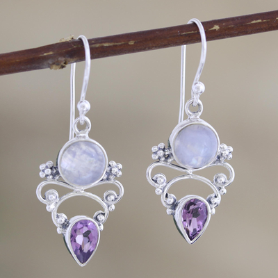 Amethyst and rainbow moonstone dangle earrings, 'Mystic Tide' - Amethyst and Rainbow Moonstone Dangle Earrings