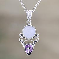 Amethyst and rainbow moonstone pendant necklace, 'Mystic Tide' - Amethyst and Rainbow Moonstone Pendant Necklace