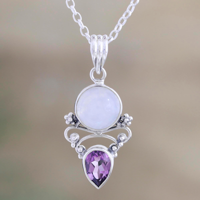 Amethyst and rainbow moonstone pendant necklace, Mystic Tide