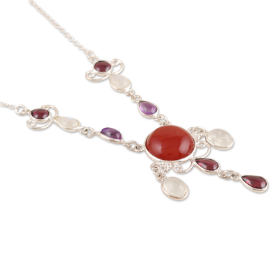 Multi-gemstone pendant necklace, 'Good Life' - Carnelian and Rainbow Moonstone Pendant Necklace