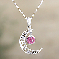 Ruby pendant necklace, 'Moon's Paramour' - Ruby and Sterling Silver Crescent Moon Necklace