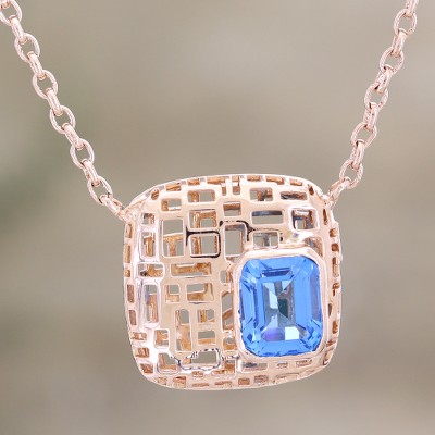 Rose gold-plated blue topaz pendant necklace, 'Open Plaza in Rose Gold' - Blue Topaz and Rose Gold-Plated Pendant Necklace