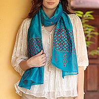 Hand-woven cotton blend shawl, 'Sacred Sea' - Hand-Woven Cotton and Silk Shawl from India