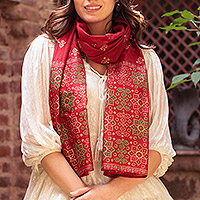 Hand-woven cotton blend shawl, 'Eternal Flame' - Block-Printed Cotton and Silk Shawl from India