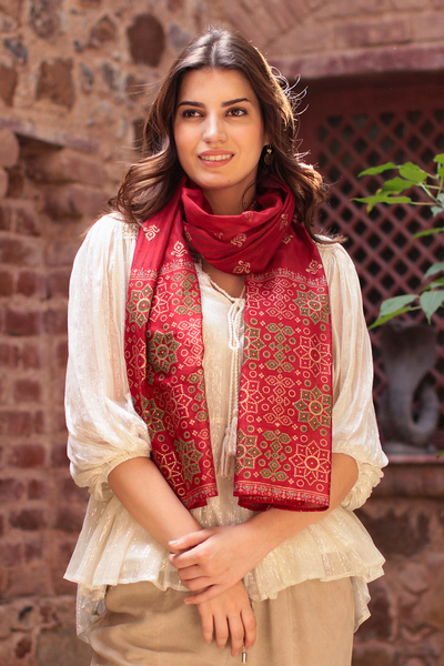 Hand-woven cotton blend shawl, 'Eternal Flame' - Block-Printed Cotton and Silk Shawl from India