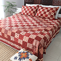 Colcha de patchwork con estampado de bloques de algodón, 'Gujarat Glory in Red' (full/queen) - Cubrecama y fundas de patchwork con estampado de bloques (full/queen)