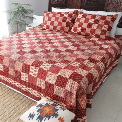 Cotton block-print patchwork bedspread, Gujarat Glory in Red (full/queen)
