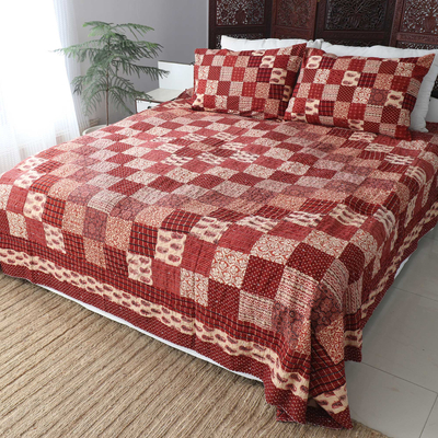 Cotton block-print patchwork bedspread, 'Gujarat Glory in Red' (full/queen) - Block-Print Patchwork Bedspread and Shams (Full/Queen)