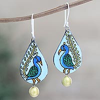 Ceramic dangle earrings, 'Ruffled Feathers' - Ceramic Dangle Earrings with Peacock Motif