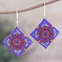 Ceramic Dangle Earrings with Floral Motif,'Prismatic Purple'