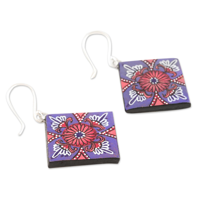 Ceramic dangle earrings, 'Prismatic Purple' - Ceramic Dangle Earrings with Floral Motif