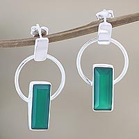 Onyx dangle earrings, 'Modern Life in Green' - Green Onyx and Sterling Silver Dangle Earrings