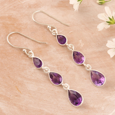 Amethyst dangle earrings, 'Late Rain in Purple' - Artisan Crafted Amethyst Dangle Earrings from India