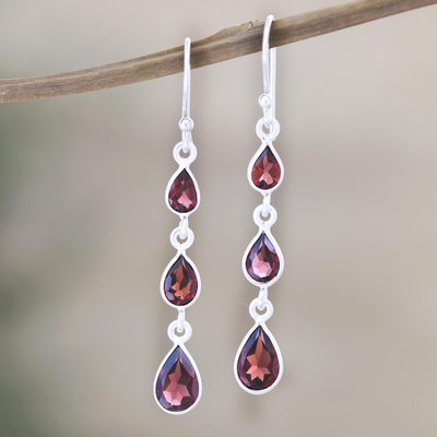 Garnet dangle earrings, 'Late Rain in Red' - Hand Crafted Garnet Dangle Earrings from India