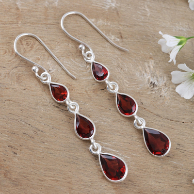 Garnet dangle earrings, 'Late Rain in Red' - Hand Crafted Garnet Dangle Earrings from India