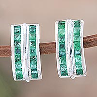 Rhodium-plated emerald drop earrings, 'Path to Glory' - Handmade Rhodium-Plated Emerald Drop Earrings