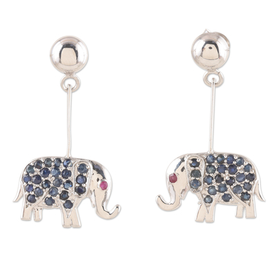 Rhodium-plated ruby and sapphire dangle earrings, 'Generous Fortune' - Rhodium-Plated Sapphire and Ruby Elephant Earrings