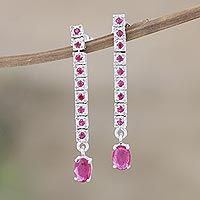 Rhodium-plated ruby dangle earrings, 'Princess Lover' - Hand Crafted Rhodium-Plated Ruby Dangle Earrings