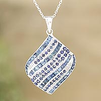 Rhodium-plated sapphire pendant necklace, 'Royal Winter' - Handmade Rhodium-Plated Sapphire Pendant Necklace