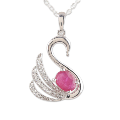Rhodium-plated ruby and cubic zirconia pendant necklace, 'Swan Princess' - Rhodium-Plated Ruby and Cubic Zirconia Swan Necklace