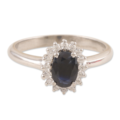 Rhodium-plated sapphire and cubic zirconia cocktail ring, 'Crown of Destiny' - Hand Crafted Rhodium-Plated Blue Sapphire Cocktail Ring