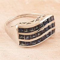 Rhodium-plated sapphire cocktail ring, 'Wave Rider' - Indian Rhodium-Plated Blue Sapphire Cocktail Ring