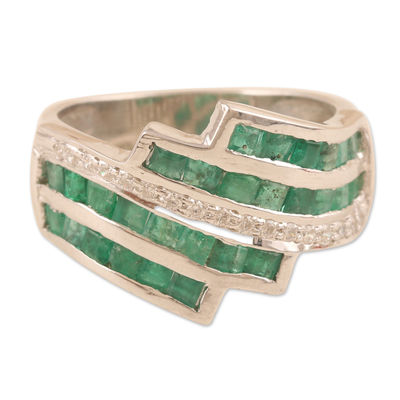 Rhodium-plated emerald and cubic zirconia band ring, 'Royal Tiara in Green' - Rhodium-Plated Emerald and Cubic Zirconia Band Ring