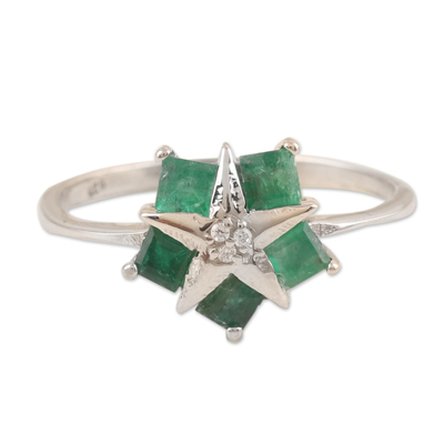 Rhodium-Plated Emerald and Cubic Zirconia Cocktail Ring
