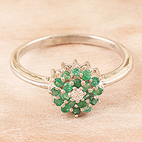 Rhodium-plated emerald cocktail ring, 'Petal Soft in Green' - Handcrafted Rhodium-Plated Emerald Cocktail Ring
