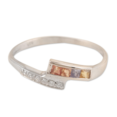 Rhodium-plated sapphire band ring, 'Sun Path in Rainbow' - Rhodium-Plated Sapphire Band Ring from India