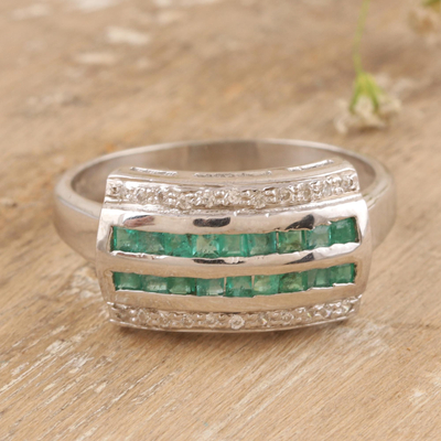 Rhodium-plated emerald cocktail ring, 'Mystic Water' - Hand Made Rhodium-Plated Emerald Cocktail Ring