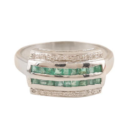 Hand Made Rhodium-Plated Emerald Cocktail Ring