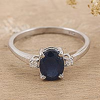 Rhodium-plated sapphire cocktail ring, 'Depth of Dreams' - Rhodium-Plated Sapphire and Cubic Zirconia Ring
