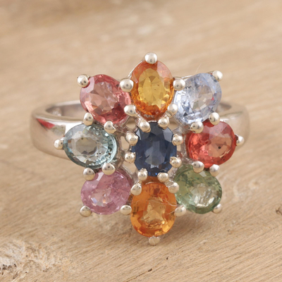 Rhodium-plated sapphire cocktail ring, 'Dazzling Garden' - Rhodium-Plated Multicoloured Sapphire Cocktail Ring